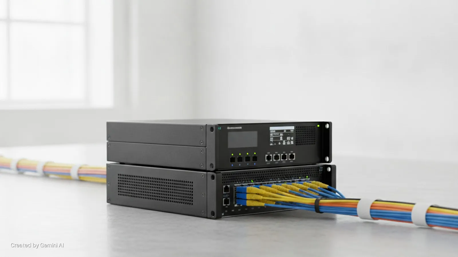 Two black network units stacked on a light gray table, with an array of yellow and blue fiber optic cables connected to the lower unit and extending away, secured by white cable ties, against a bright, naturally lit background with a blurre