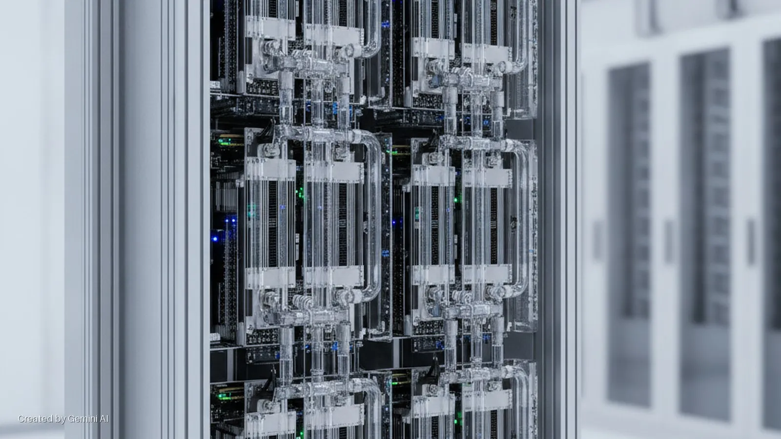 A liquid-cooled server rack in a data center displays transparent tubing, circuit boards with blue and green LED lights, under bright artificial lighting.