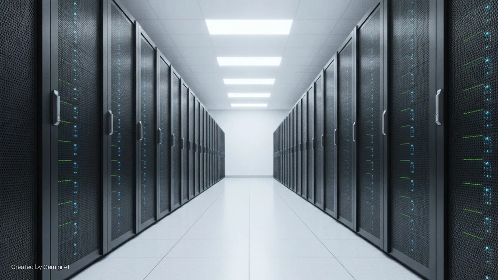 A long, symmetrical data center hallway features rows of dark server racks with perforated doors and glowing blue and green indicator lights on either side, illuminated by bright overhead panel lights and leading to a distant white wall.