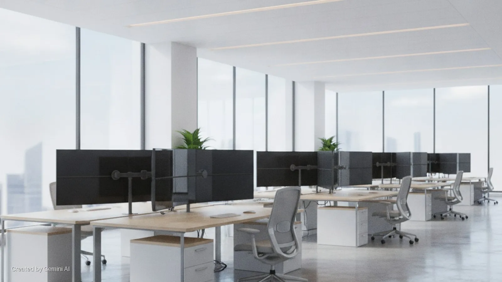 A modern, brightly lit office features rows of wooden desks with grey office chairs, black multi-monitor setups, and potted plants, illuminated by large windows and linear ceiling lights.