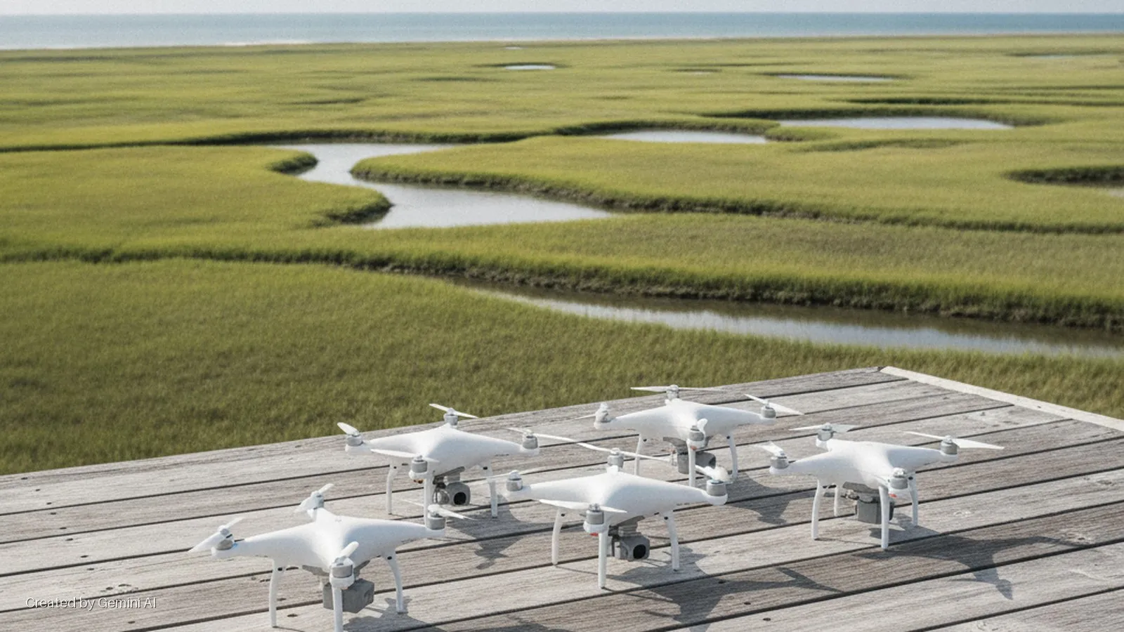 Five white quadcopters rest on a wooden deck, overlooking a sunny green marsh crisscrossed by winding channels leading to a distant sea.