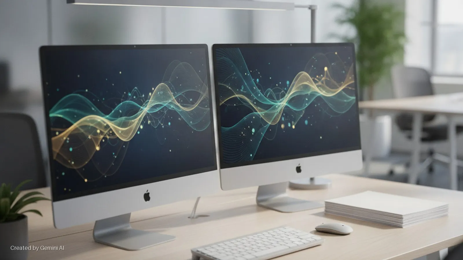 Two silver Apple iMac computers display abstract colorful wave patterns on their screens, set on a light wooden office desk with a white keyboard, mouse, a stack of paper, and a potted plant, illuminated by a bright overhead desk lamp in an