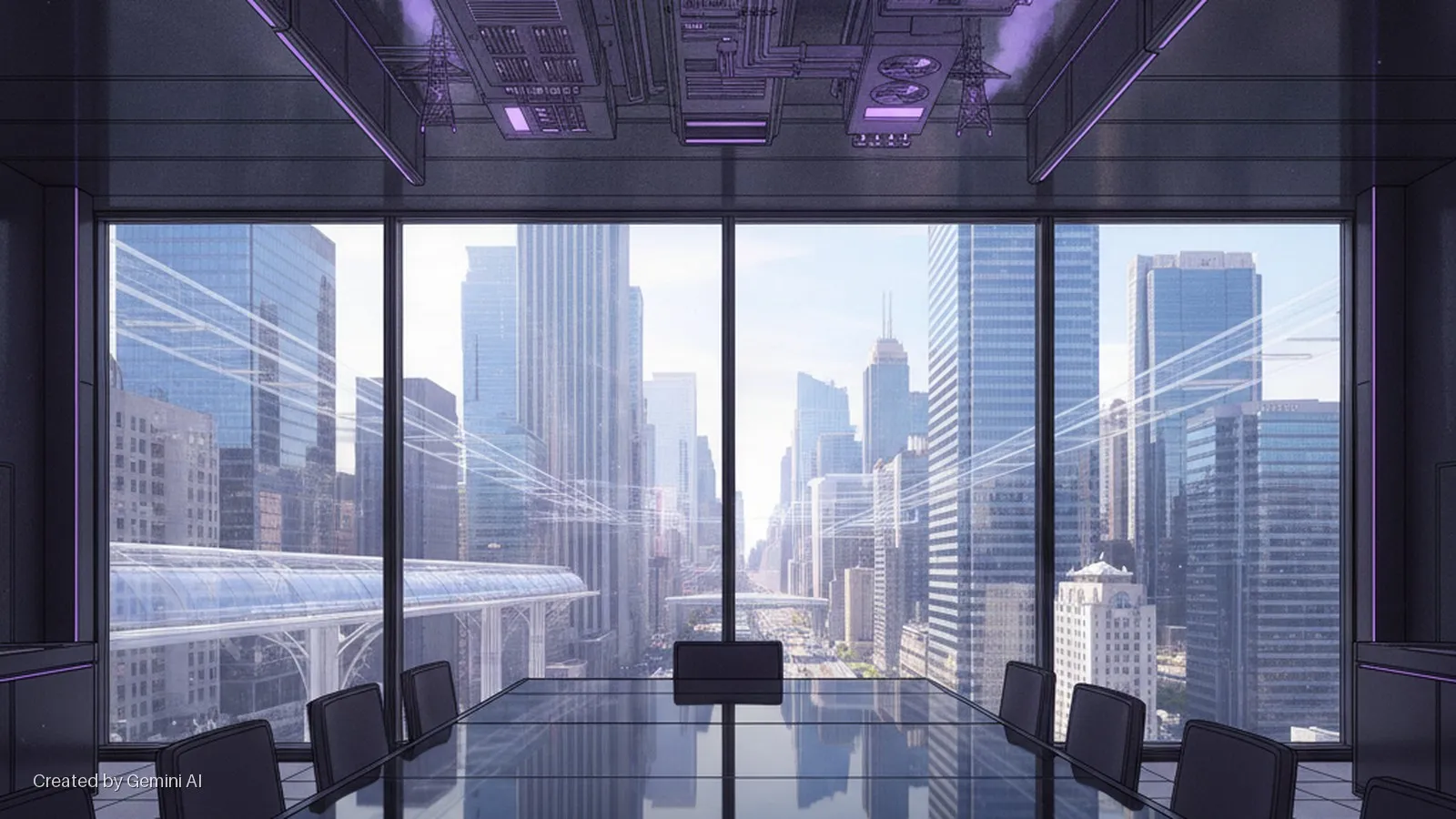 A futuristic conference room with a reflective glass table and chairs looks out through large windows onto a sunlit city skyline featuring skyscrapers and an elevated transport system, illuminated by natural light and purple ceiling accents