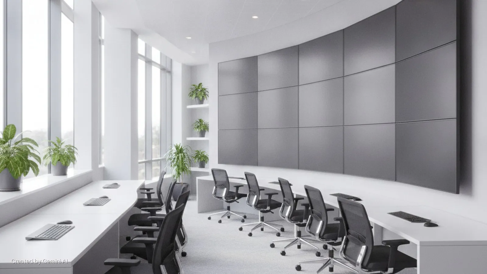 A bright, modern office features rows of white desks and black ergonomic chairs, large windows with potted plants, and a prominent curved wall with a grid of grey display panels, illuminated by natural and recessed artificial lighting.