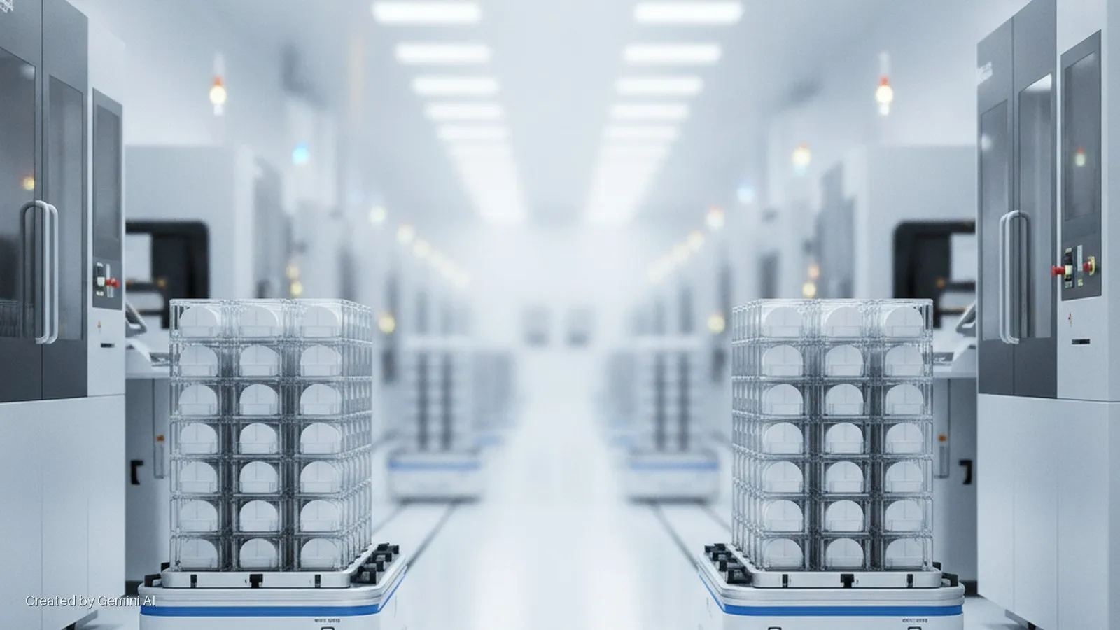 Stacks of semiconductor wafer carriers on autonomous mobile robots move through a brightly lit cleanroom lined with industrial manufacturing equipment.