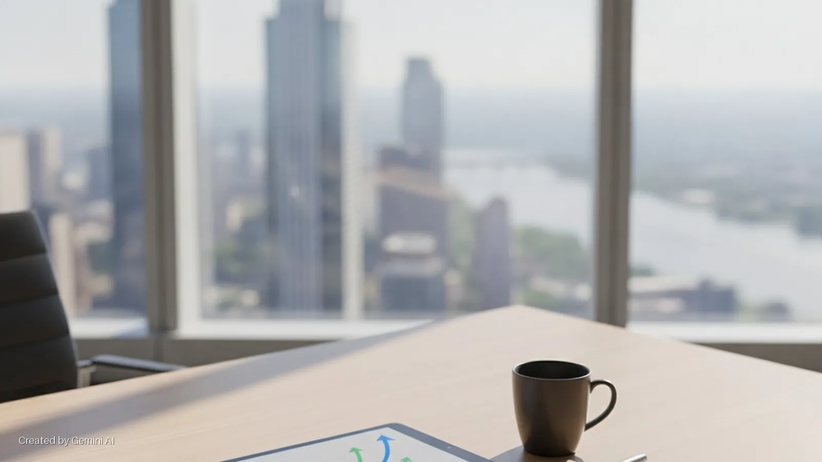 An office desk with a black chair, tablet displaying arrows, a mug, and a pen overlooks a city skyline with skyscrapers and a river, illuminated by bright natural light.