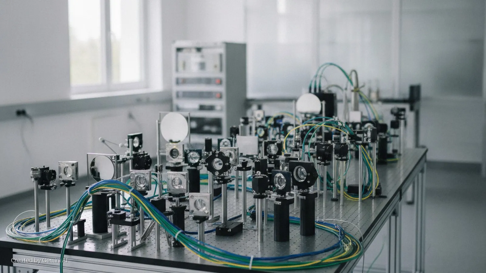 A brightly lit laboratory shows a complex optical setup with mirrors, lenses, and fiber optic cables arranged on an optical table.