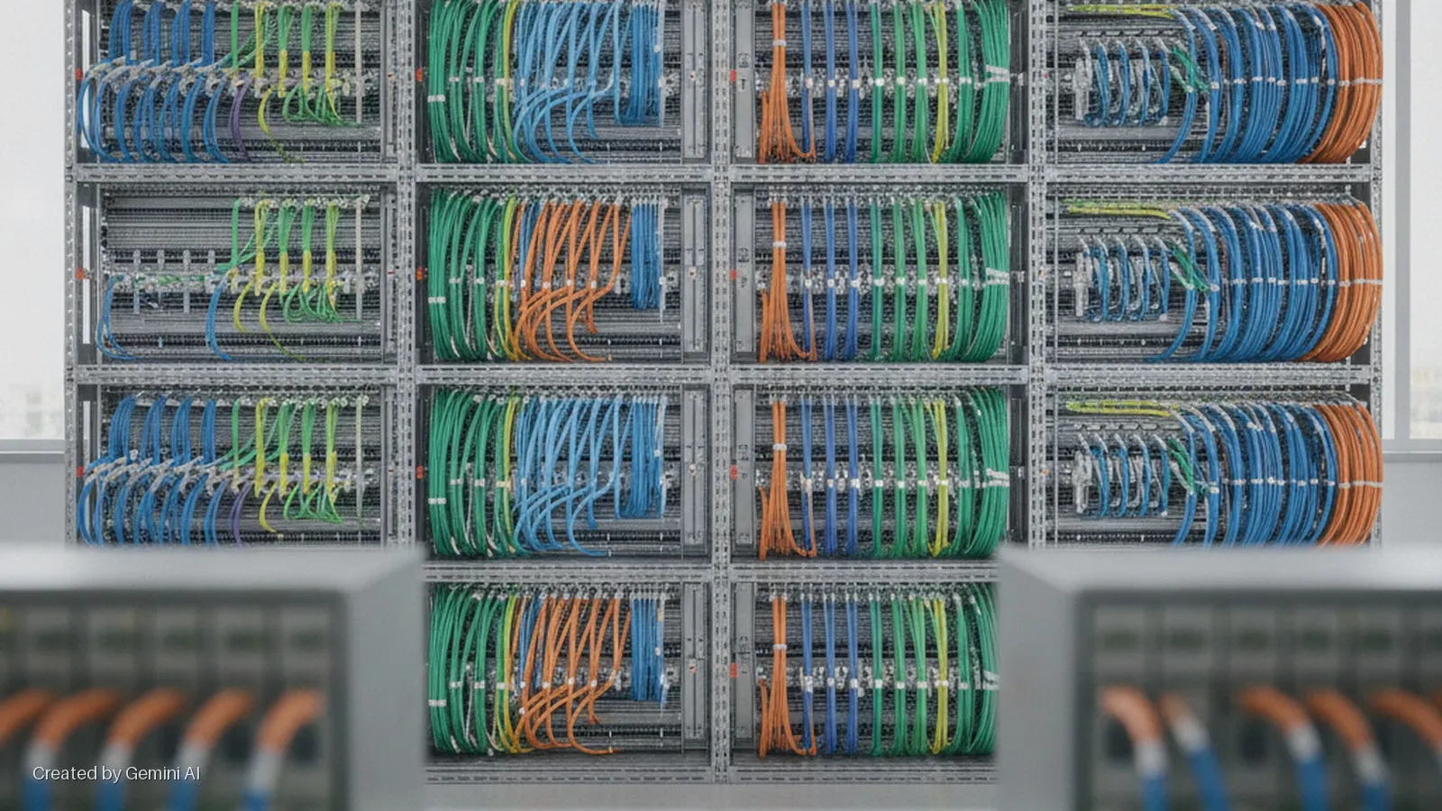 A brightly lit grid of server racks displays neatly organized blue, green, orange, and yellow network cables, with blurry server equipment visible in the foreground.