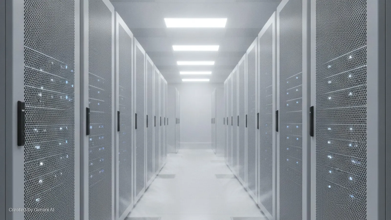 A long aisle in a data center, flanked by rows of grey server racks with perforated doors displaying glowing blue indicator lights, illuminated by bright overhead rectangular lights.