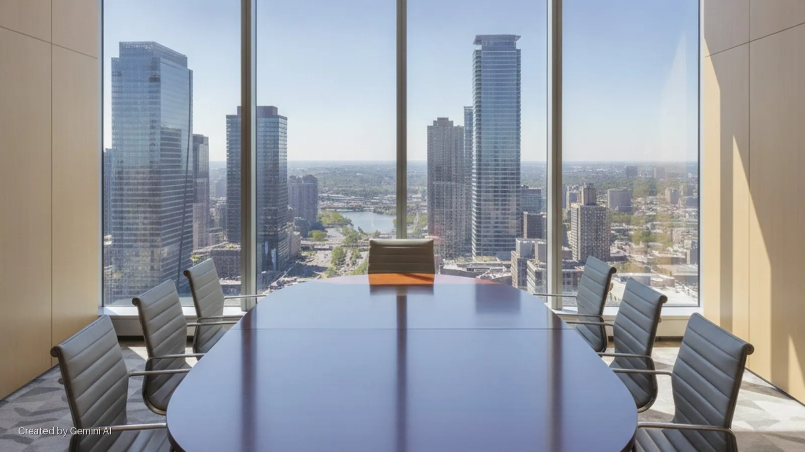 A modern conference room features a dark oval table and grey chairs facing large windows that offer a sunlit view of a city skyline with a river in the distance.