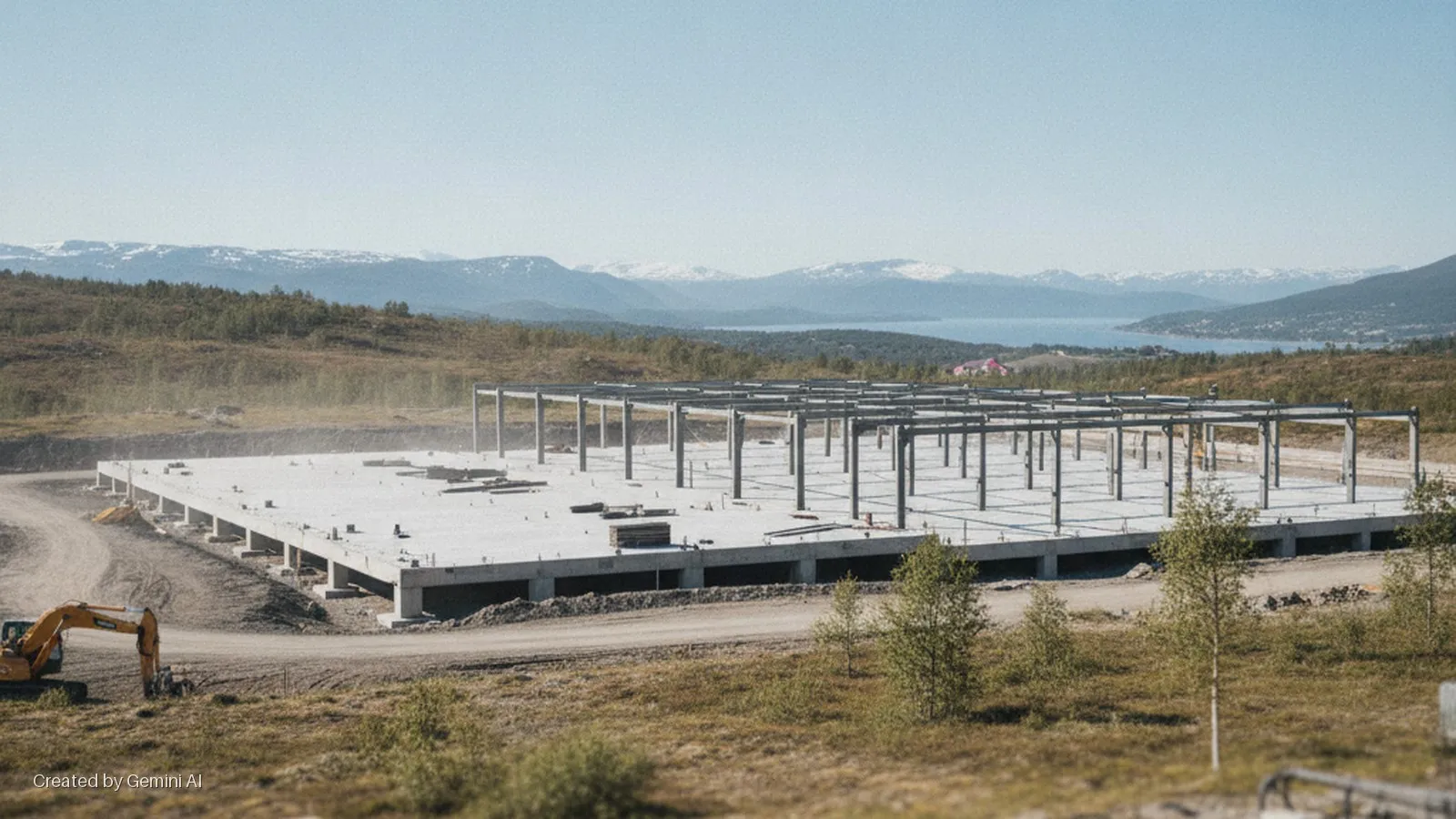 A large concrete foundation with a rising steel frame and an excavator on a dirt road, set against distant snowy mountains and a fjord under a bright, clear sky.