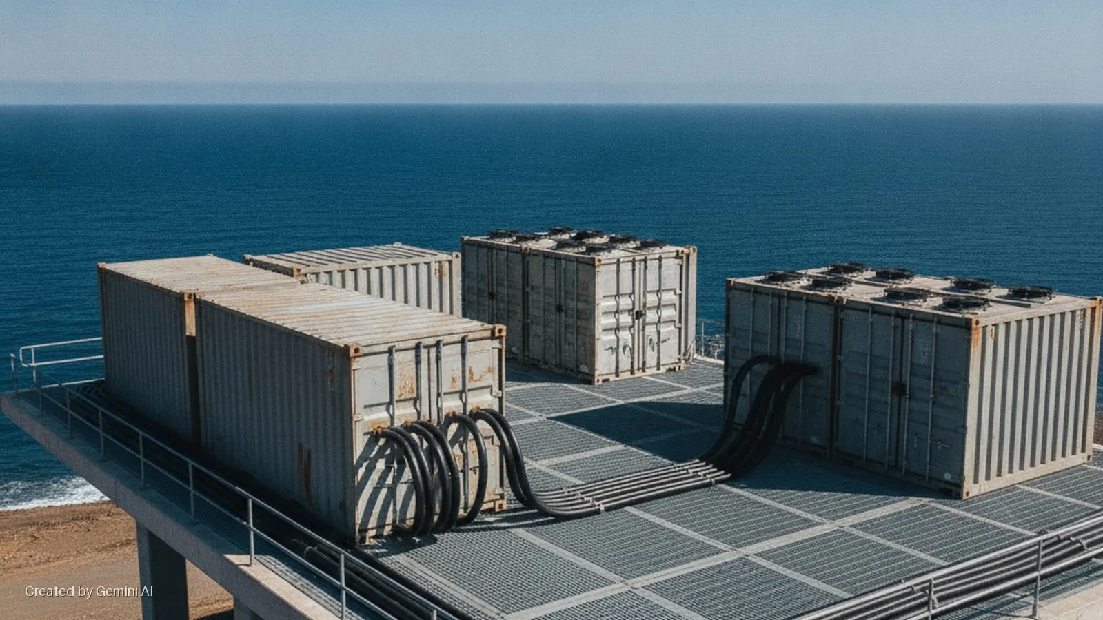 Several industrial shipping containers, equipped with fans on top and connected by thick black conduits, are situated on a metal grated platform with a railing, overlooking the vast blue ocean and a sandy coastline under bright daylight.