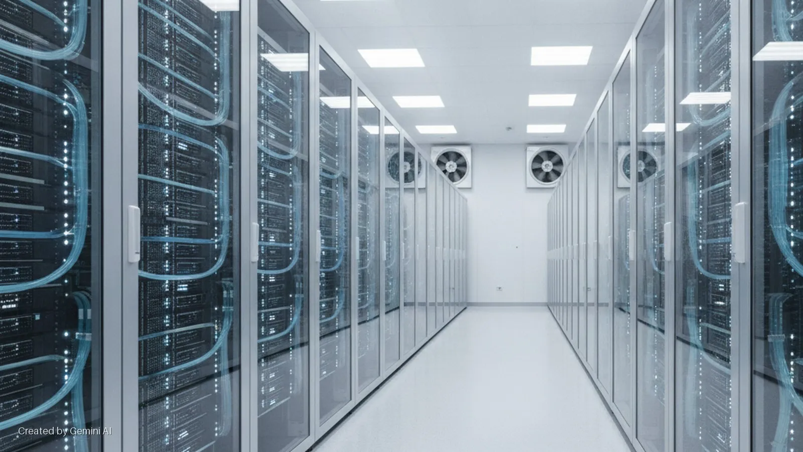 A brightly lit data center aisle features rows of glass-fronted server racks displaying glowing blue cables, with cooling fans on the back wall and fluorescent ceiling lights.