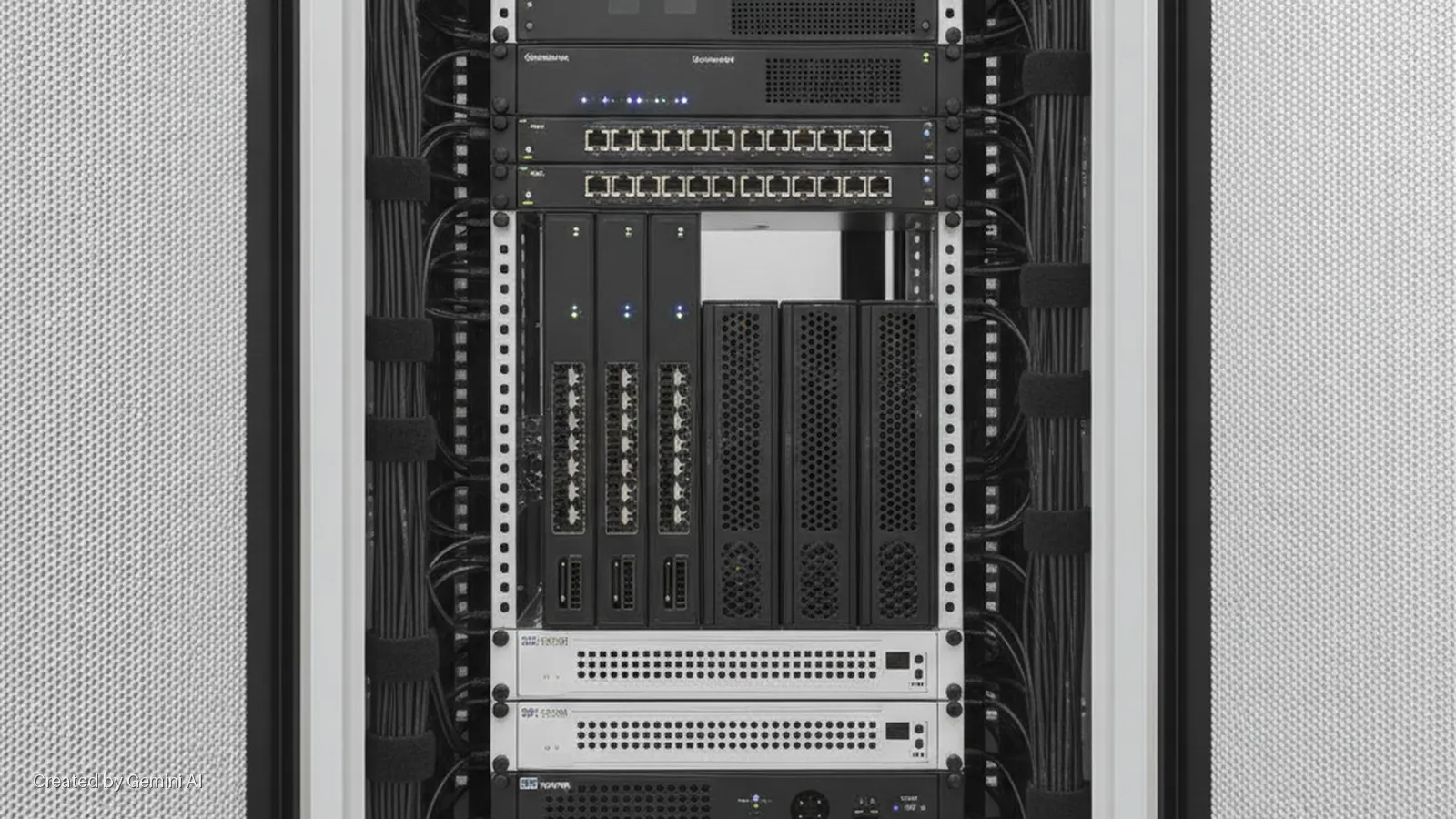 An evenly lit data center server rack holds black network switches, modular servers, and silver rack-mount devices, with neatly bundled black cables secured by Velcro ties, and is flanked by perforated metal panels.