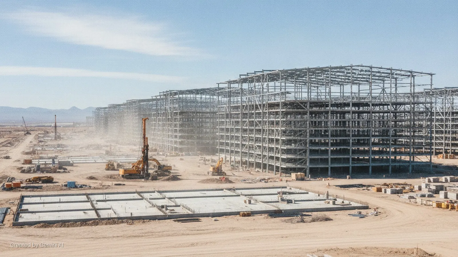A sprawling construction site in a dusty desert landscape features multiple large steel-framed buildings under construction, heavy machinery, and recently poured concrete foundations, all under a clear, sunny sky with distant mountains.