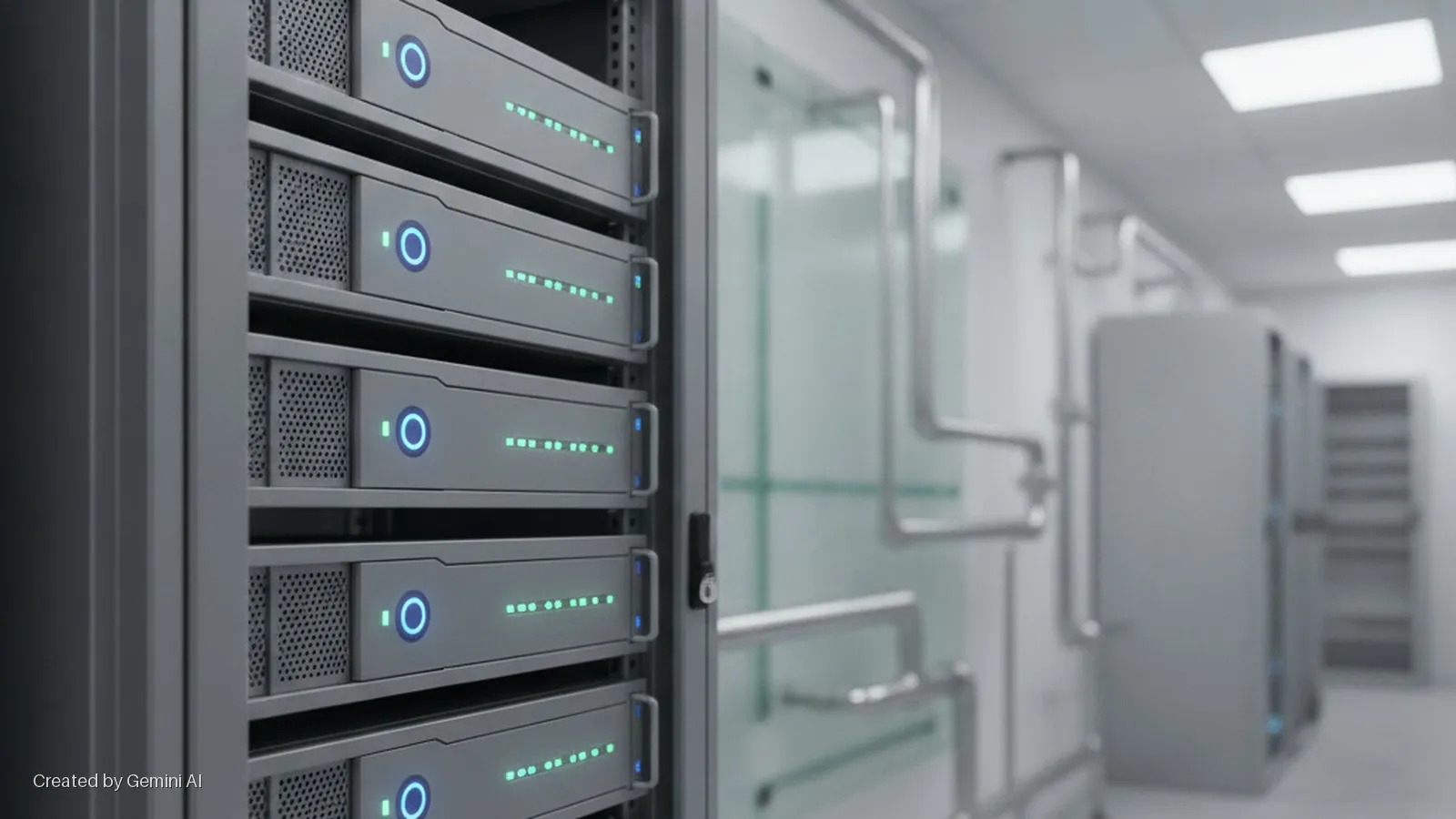 A server rack containing multiple servers with illuminated blue power circles and green activity lights stands in a brightly lit data center with pipes and additional equipment in the background.