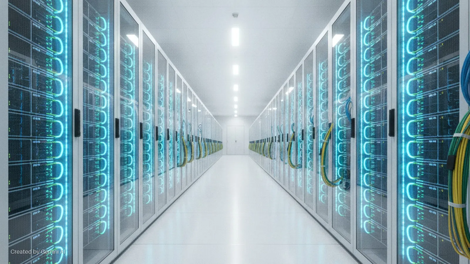 A bright, white data center corridor features symmetrical rows of server racks with illuminated blue indicators, neatly organized network cables, and a pair of white doors at the end.