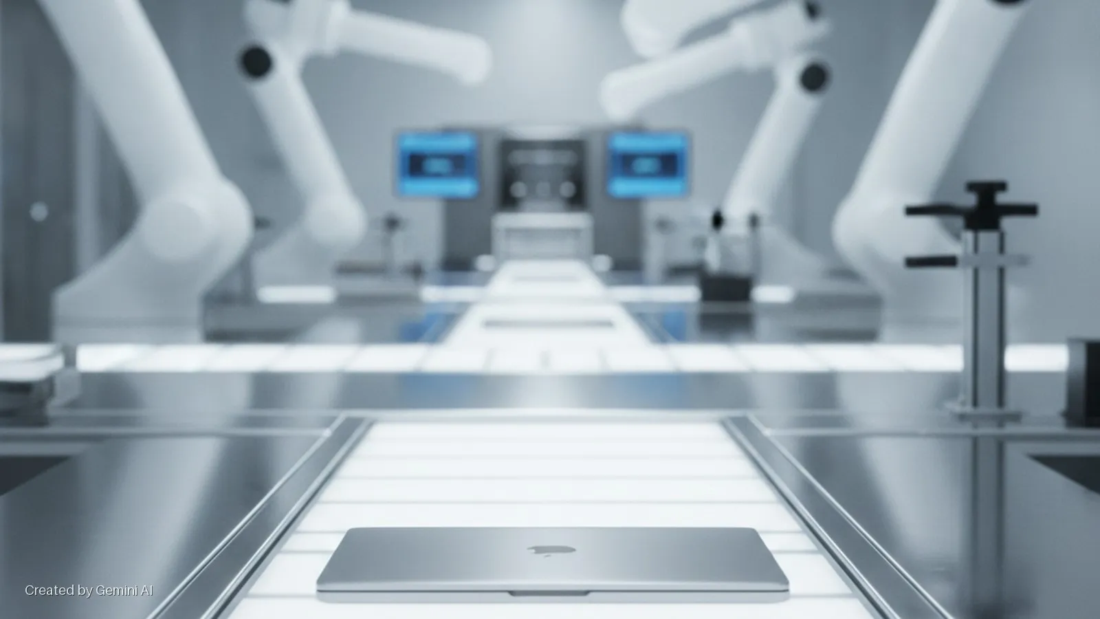 A silver MacBook rests on a bright conveyor belt in an automated assembly line, flanked by blurry robotic arms and control screens.