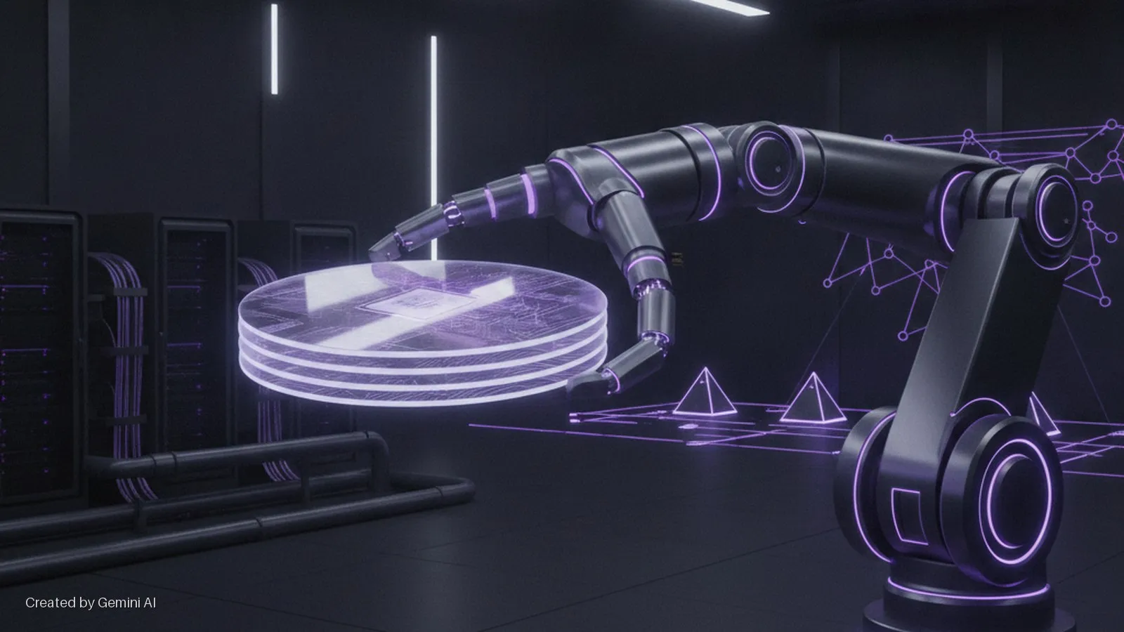 A dark, futuristic server room features a robotic arm reaching for a glowing purple translucent disk with a circuit pattern, surrounded by server racks and illuminated by purple neon geometric patterns and white strip lights.
