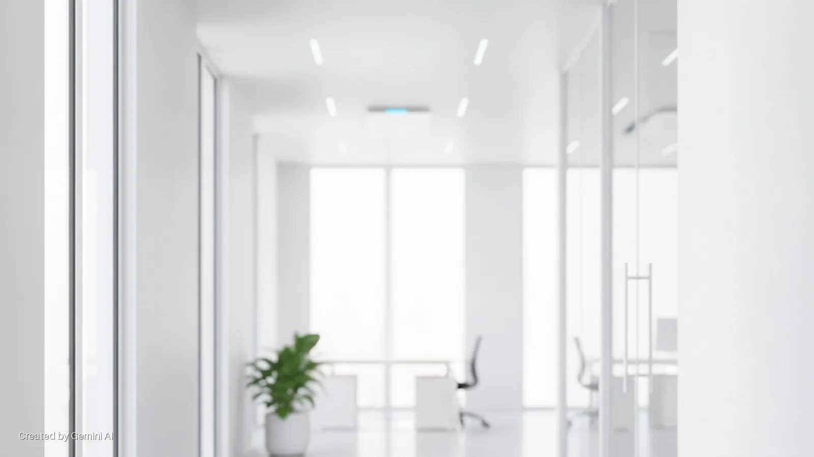 A bright, minimalist white office corridor with a potted green plant, linear ceiling lights, and glass-fronted offices featuring large windows, desks, and chairs.