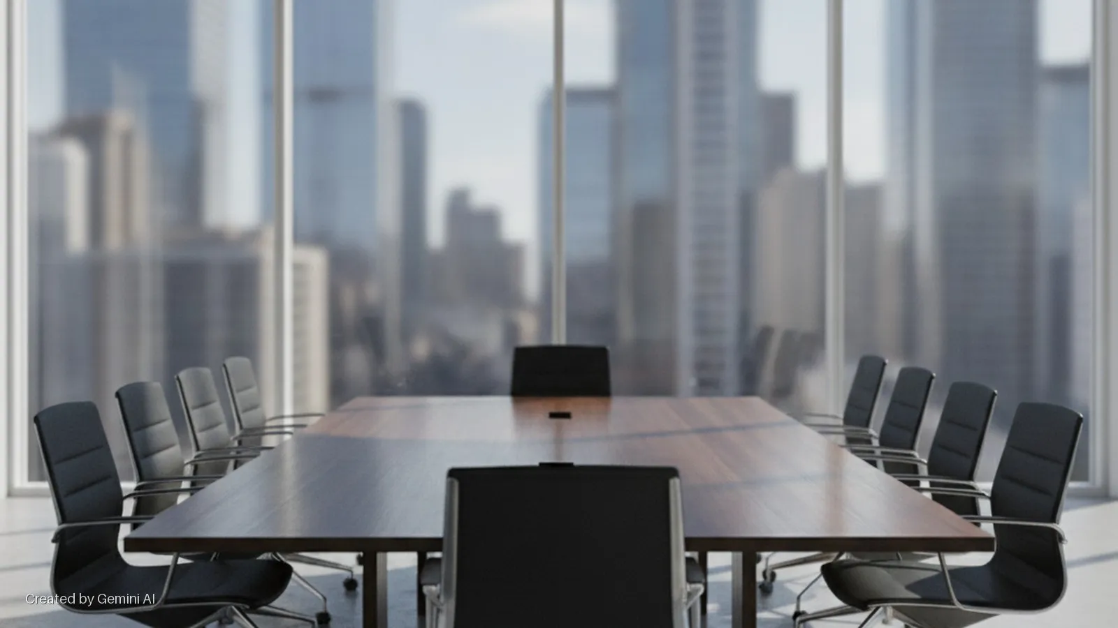 A modern conference room features a long wooden table surrounded by black office chairs, illuminated by natural light streaming through large windows showcasing a blurred city skyline.
