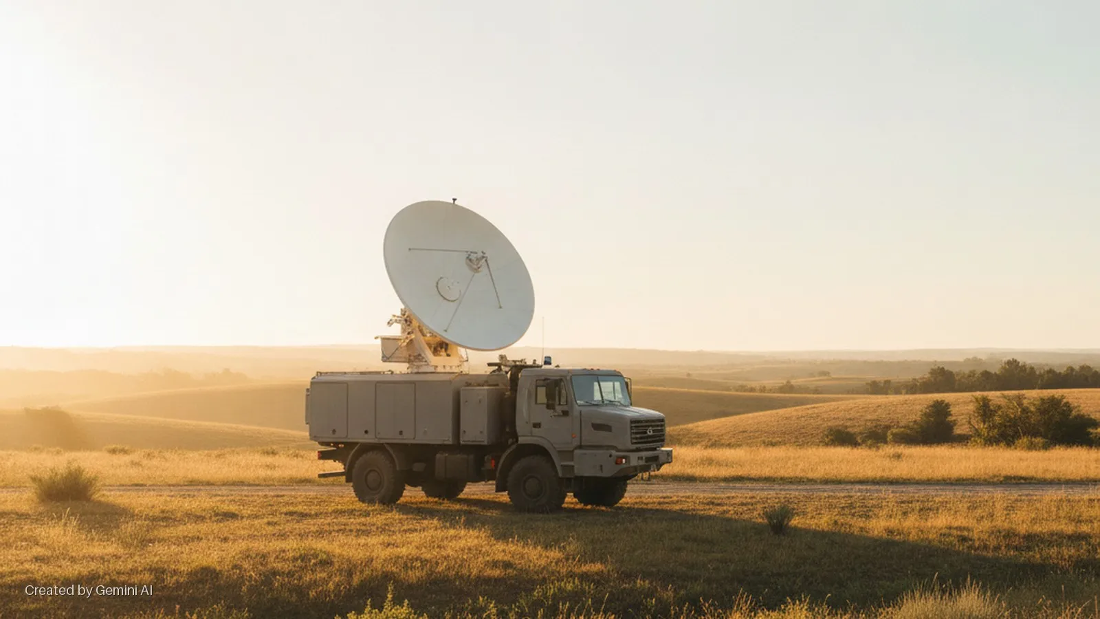 A grey, multi-axle truck with a large white satellite dish mounted on its rear is parked on a dirt road amidst golden grassy rolling hills bathed in warm sunset light.
