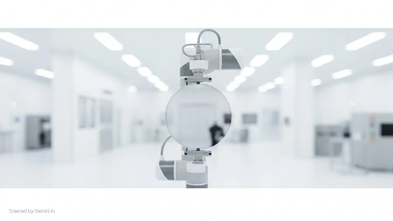 A robotic arm holds a silicon wafer in a bright, white cleanroom with blurred laboratory equipment and overhead fluorescent lighting.