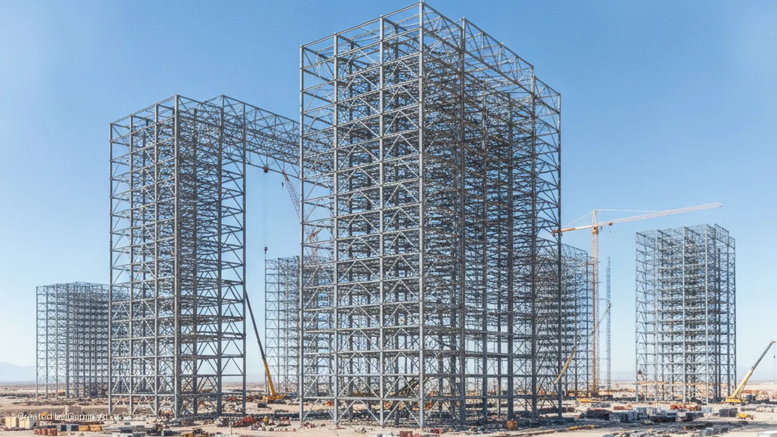 Several large, skeletal steel building frames are under construction with multiple cranes on a vast, flat desert landscape under a clear blue sky.
