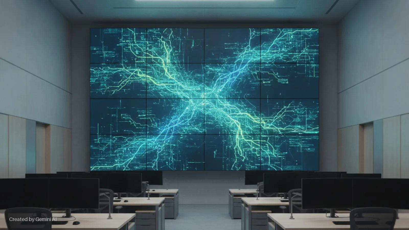 A modern, dimly lit control room features rows of empty workstations with multiple monitors facing a large video wall displaying an intricate, glowing blue and green network visualization.