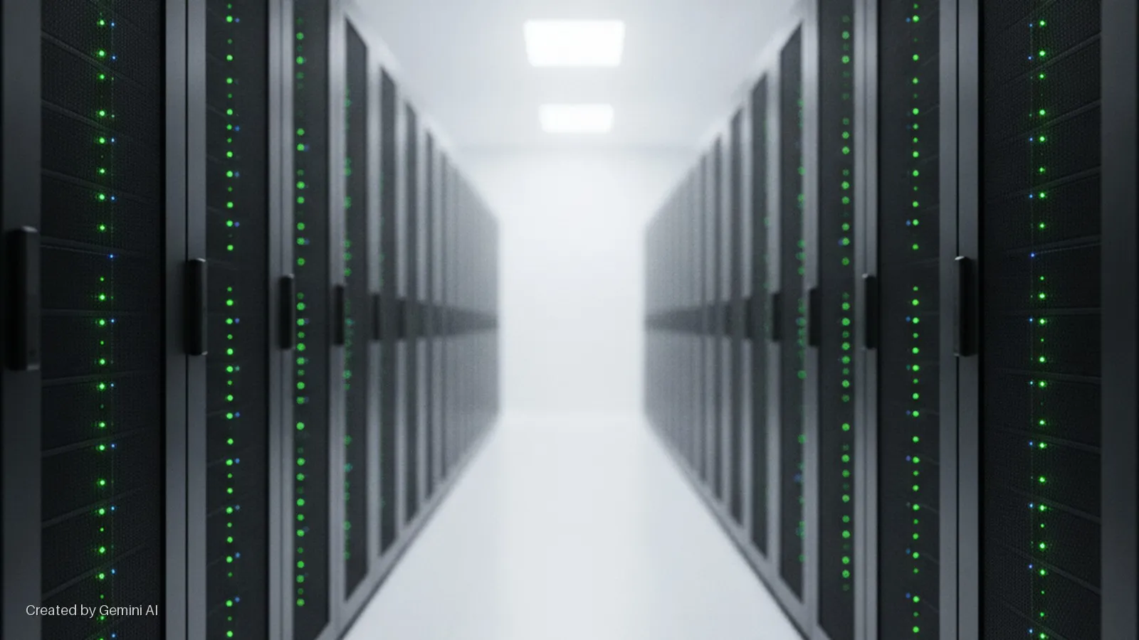 A brightly lit data center aisle with rows of black server racks on both sides displaying numerous green and some blue indicator lights, extending towards a distant, bright white wall and overhead square lights.