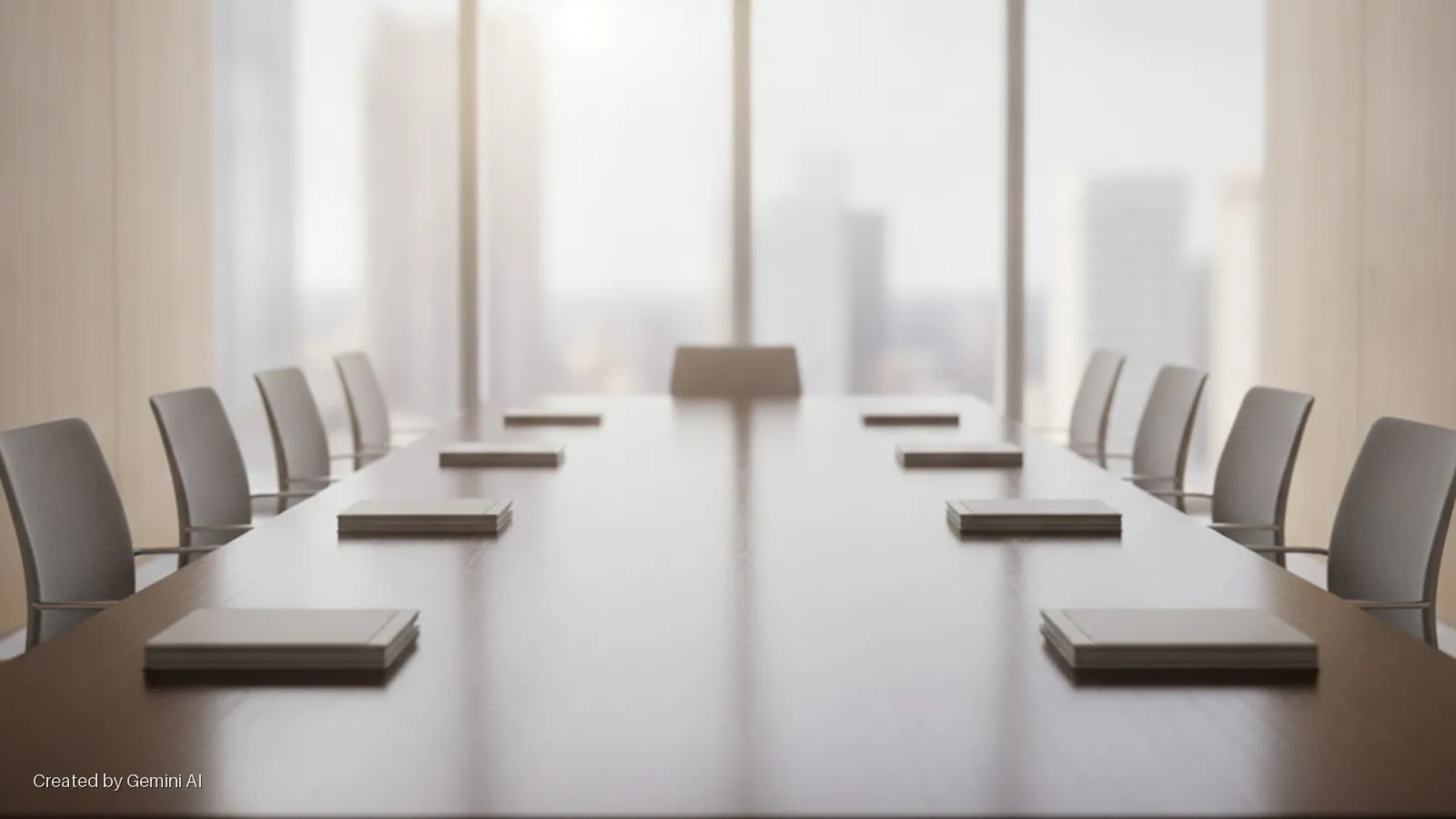 An empty conference room features a long wooden table surrounded by grey chairs with stacks of notebooks at each seat, brightly lit by natural light streaming through large windows overlooking a blurred city skyline.