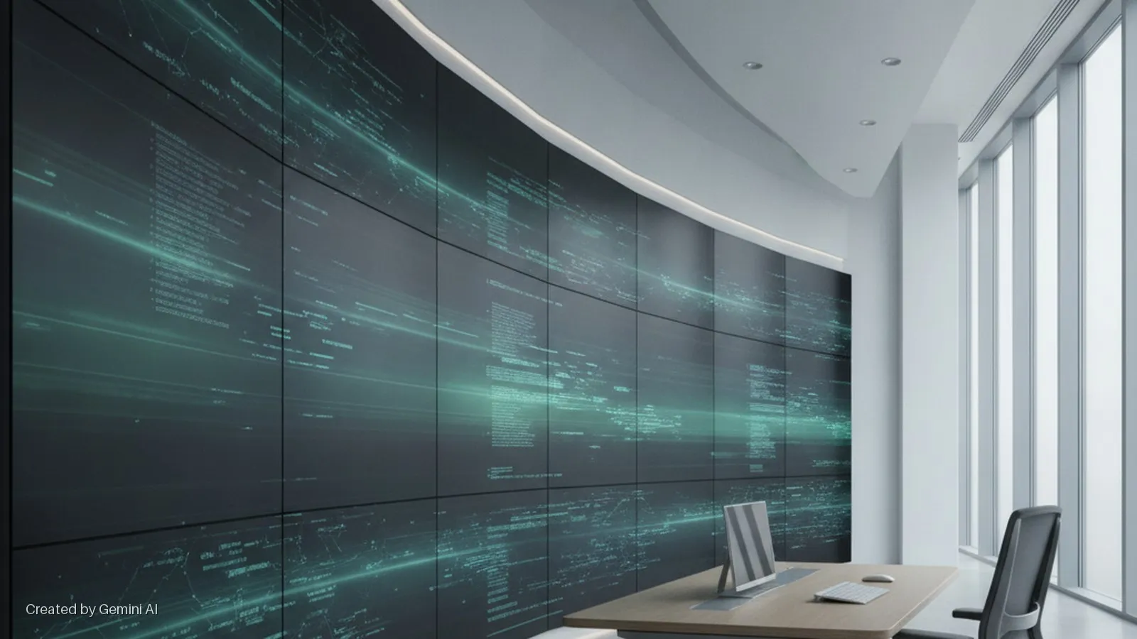 A modern, brightly lit control room features a large, curved video wall displaying abstract green digital data, a light wood desk with a silver monitor, keyboard, and mouse, and a black office chair in the foreground, with a large window on