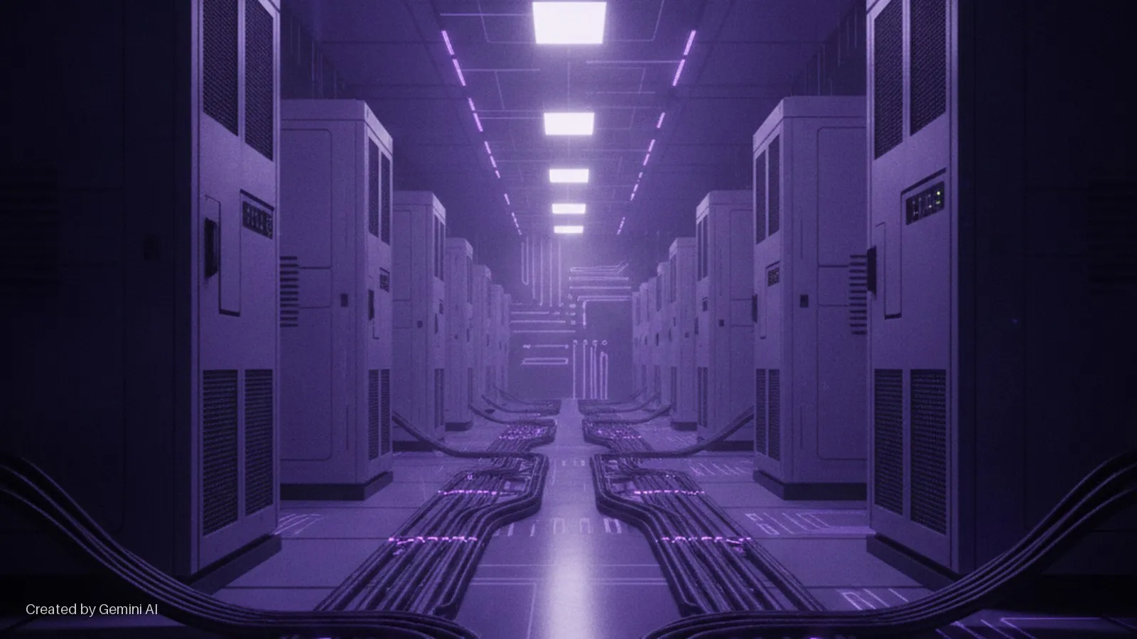 A long, purple-lit data center aisle with rows of server racks, bright ceiling lights, and glowing floor cables.