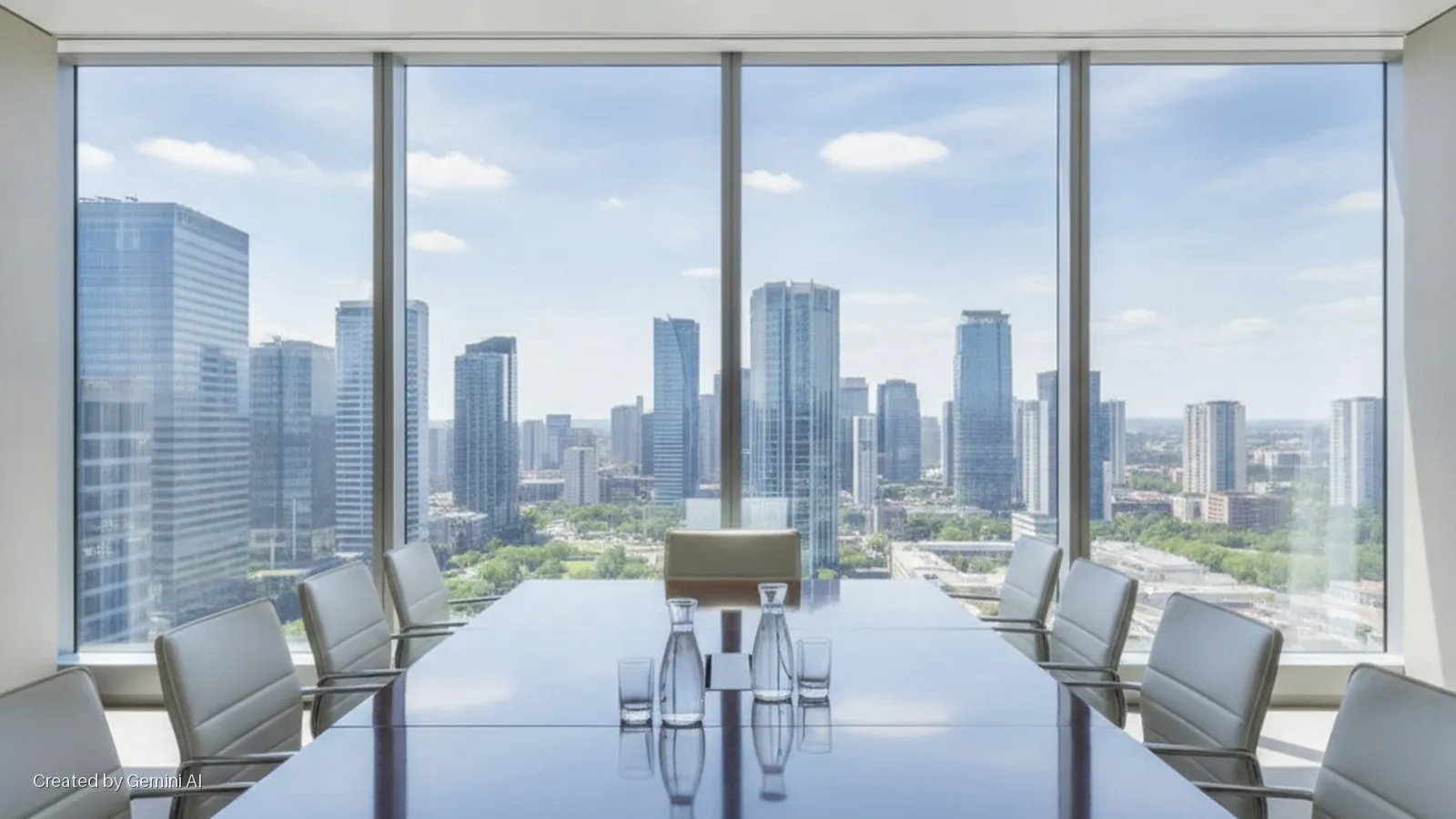 A bright, daylight view from a high-rise conference room shows a long conference table with chairs, water carafes, and glasses, overlooking a sprawling city skyline with numerous skyscrapers and green trees under a partly cloudy sky.
