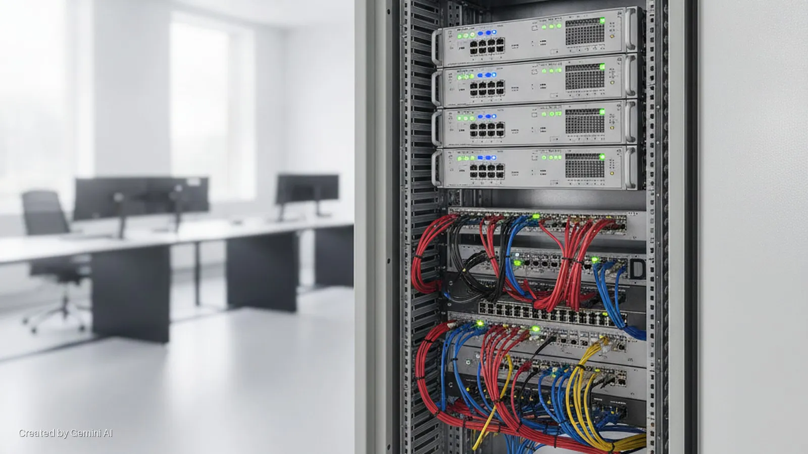 A server rack filled with network switches, servers, and colorful red, blue, and yellow Ethernet cables, stands in the foreground of a brightly lit, blurred modern office space with desks and computer monitors.