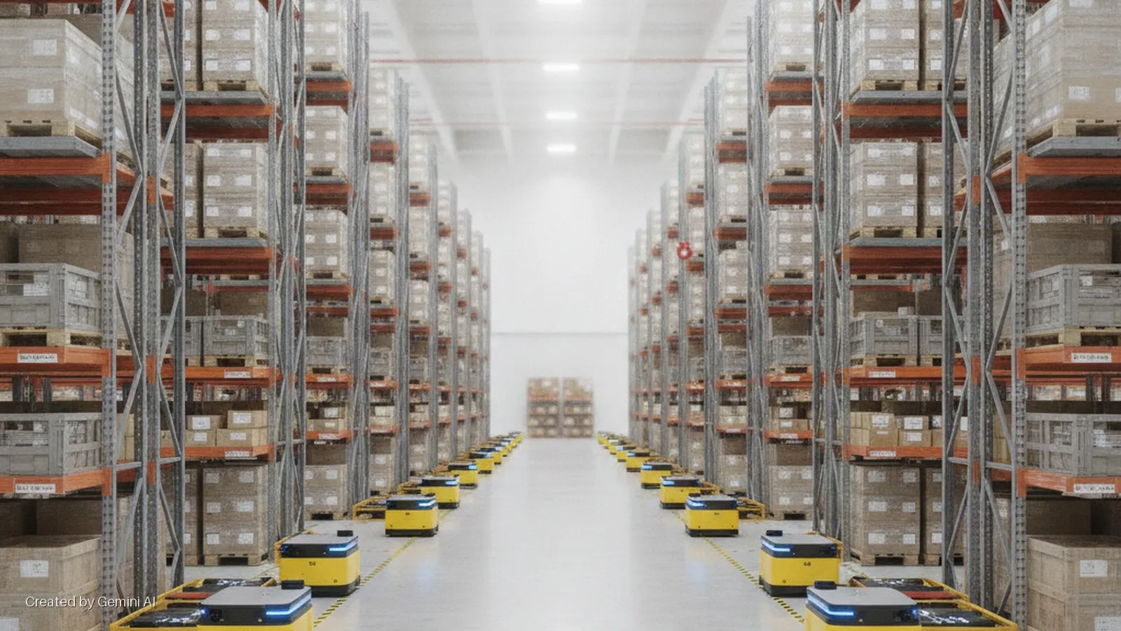 Rows of tall metal shelves packed with boxes and crates in a brightly lit warehouse aisle, with multiple yellow autonomous mobile robots on the floor.