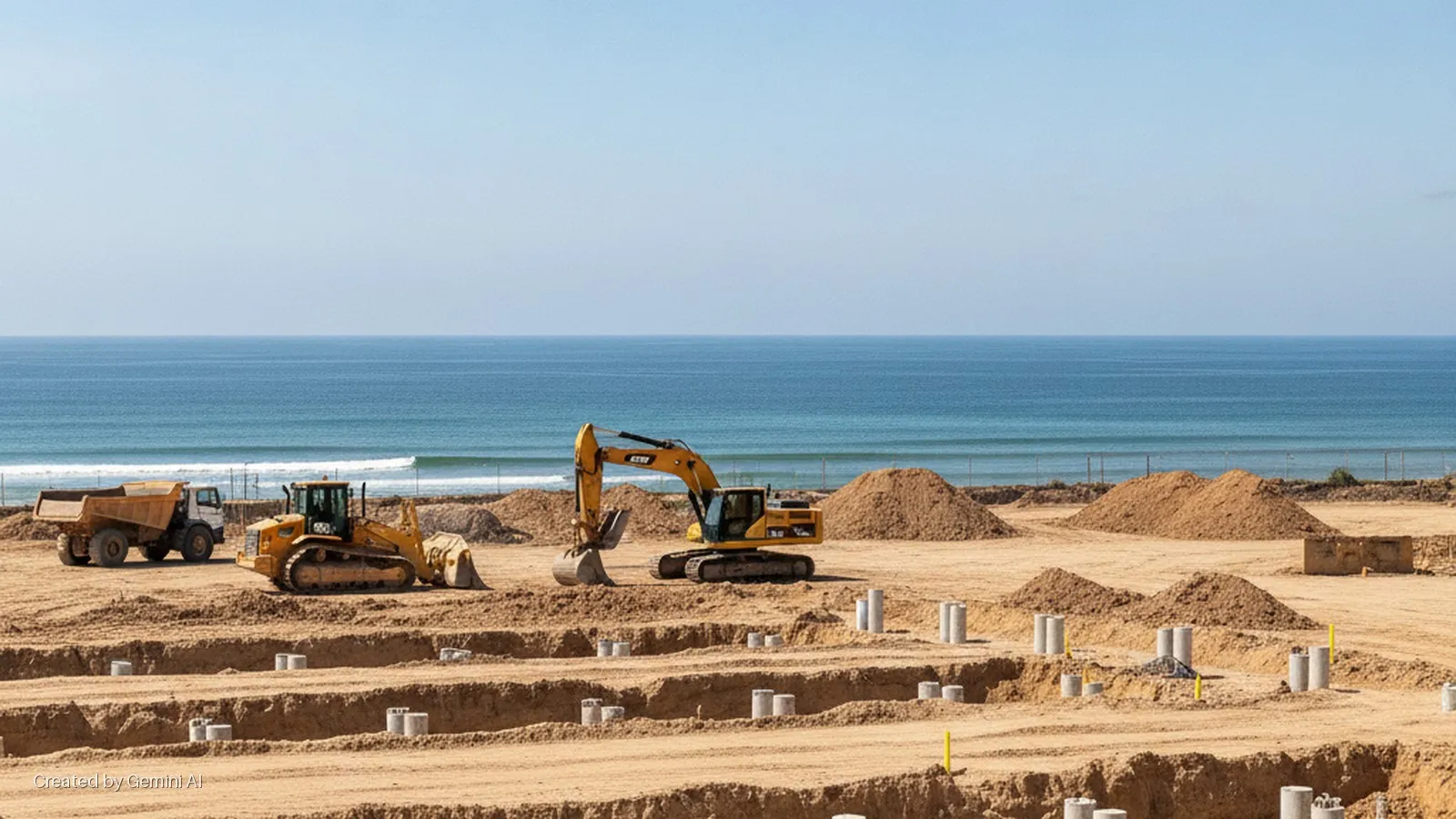 A sunny coastal construction site features cylindrical concrete foundation piles in excavated trenches, mounds of sand, and heavy machinery, with the blue ocean under a clear sky in the background.