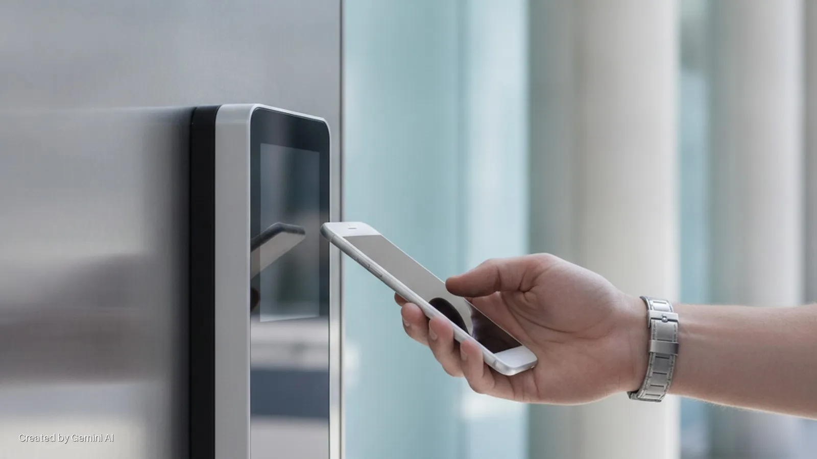 A hand wearing a silver wrist watch holds a white smartphone up to a wall-mounted access control reader, illuminated by bright, even indoor lighting.