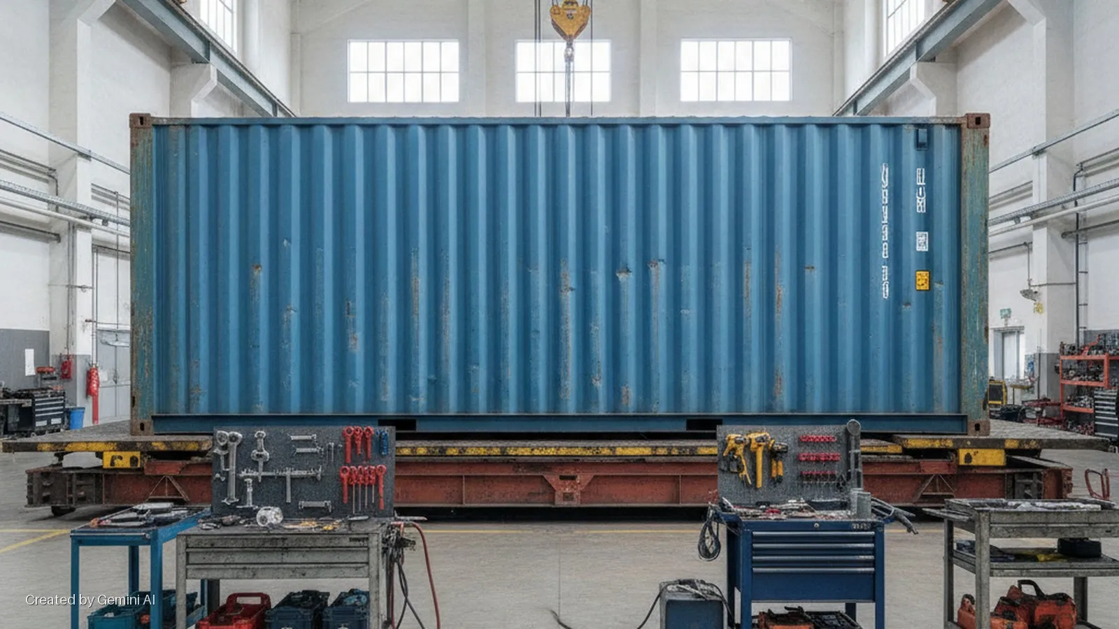 A large blue shipping container sits on an industrial flatcar in a brightly lit workshop with large windows, surrounded by workbenches, tools, and an overhead crane.