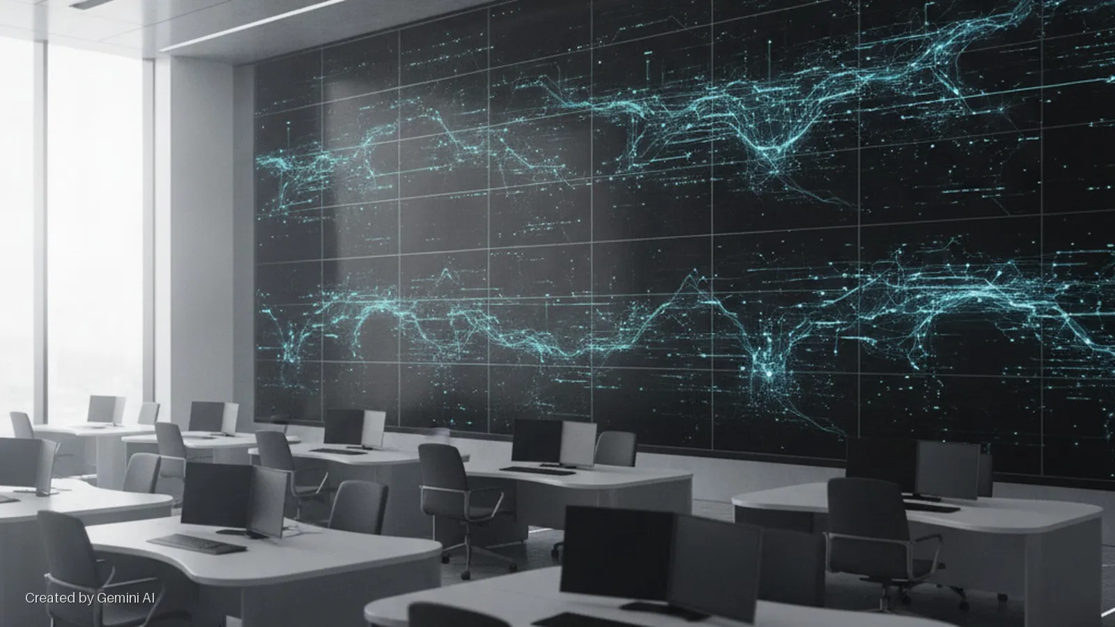 A brightly lit modern control room features rows of white desks with computers and office chairs, facing a large wall-mounted screen displaying intricate blue data patterns on a dark grid background.