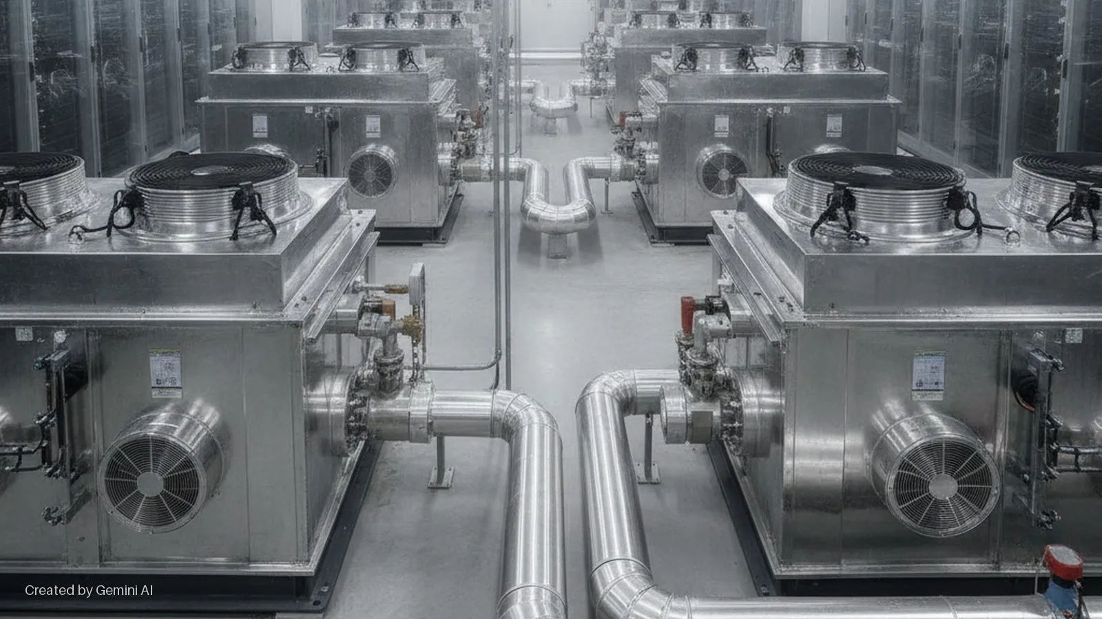 Brightly lit industrial cooling units with prominent fans and connected metallic pipes are arranged in rows within a data center, with server racks lining the background.