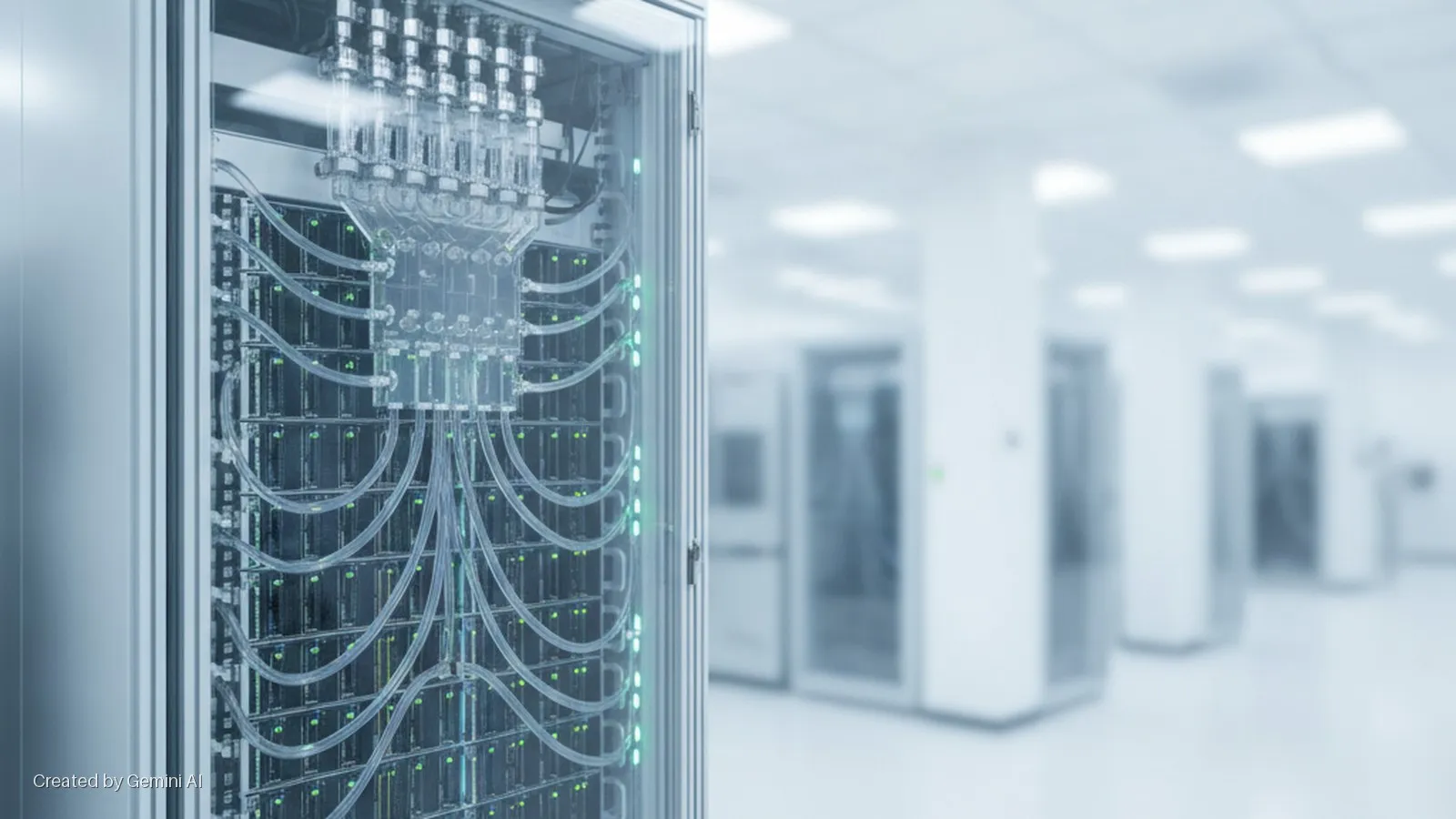 A server rack with a clear tubing system and green indicator lights on its internal modules stands in a brightly lit, modern data center.