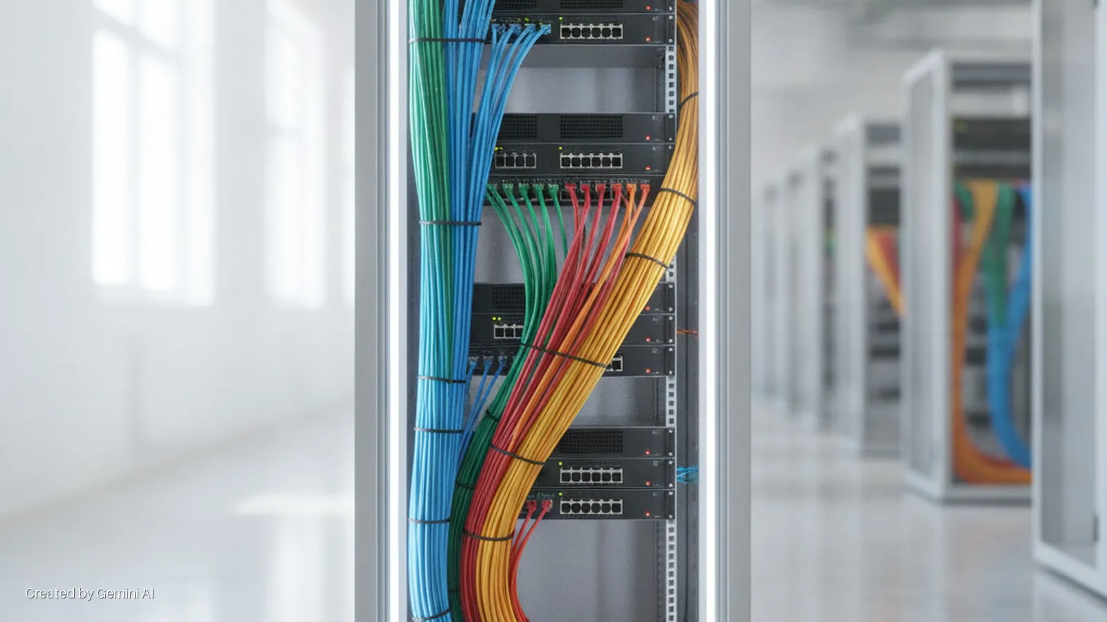 A brightly lit server rack contains network switches and neatly organized bundles of multi-colored cables, with more racks extending into the blurred background of a data center, and window reflections visible on the white wall to the left.