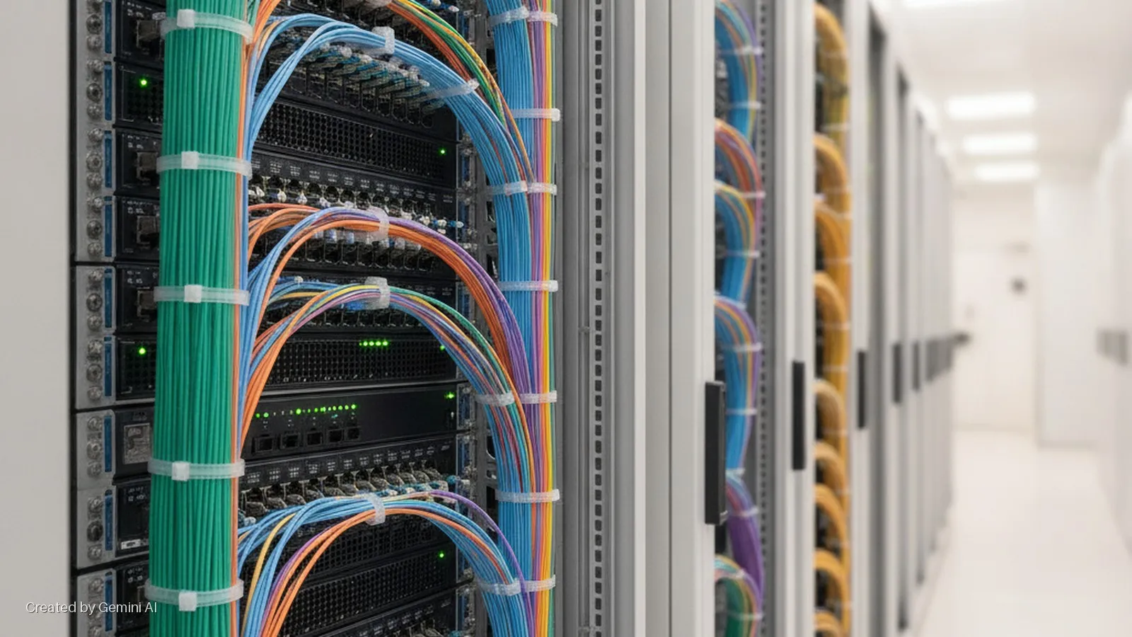 Neatly bundled green, blue, orange, and multicolor network cables are organized within server racks in a brightly lit data center hallway.