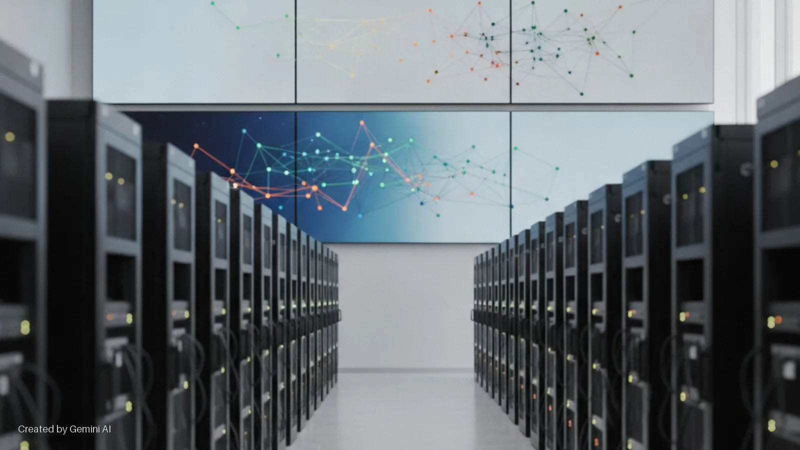 A bright data center aisle flanked by rows of black server racks with illuminated indicator lights, overlooked by multiple screens displaying colorful network graphs.
