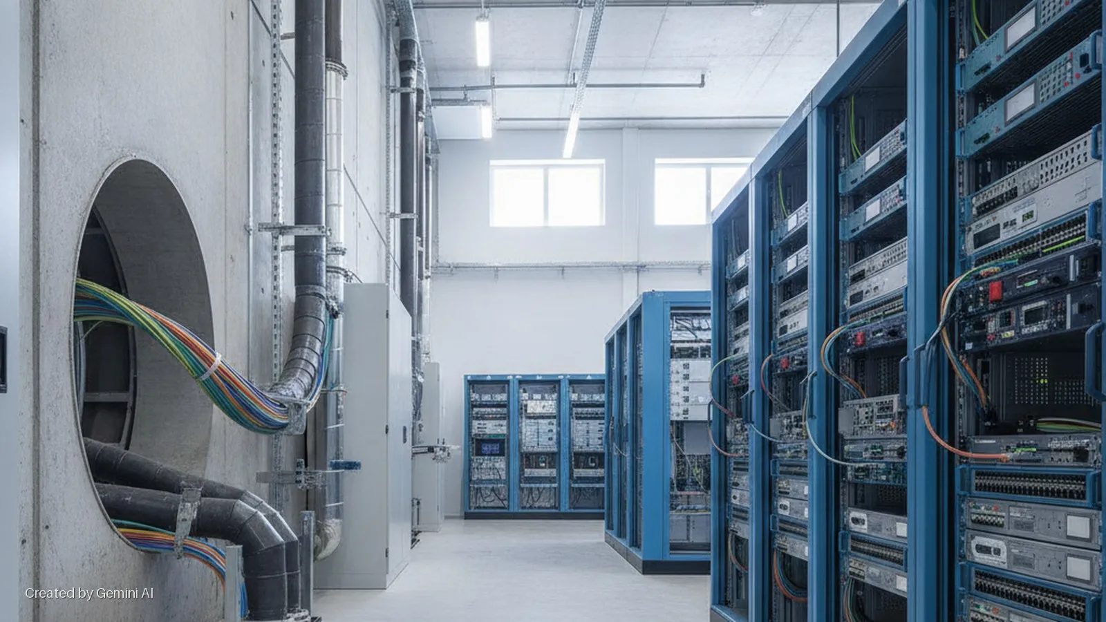 A data center with concrete walls featuring circular openings for pipes and colorful cables, rows of blue server racks containing electronic equipment, and bright lighting from windows and overhead fixtures.