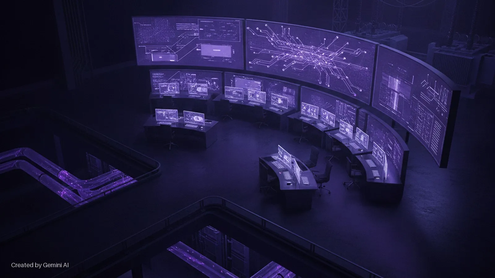 A dark, futuristic control room features multiple computer workstations beneath a large, curved array of purple data screens, with glowing purple conduits in the foreground and industrial electrical equipment visible in the distant backgrou