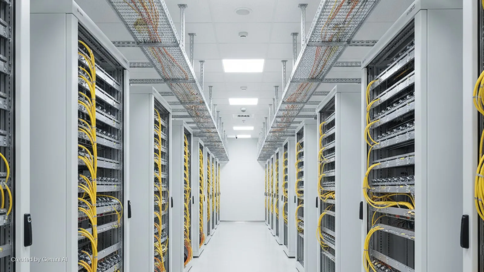 A brightly lit data center aisle is lined with rows of server racks displaying yellow cables, overhead metal cable trays, and square ceiling lights.