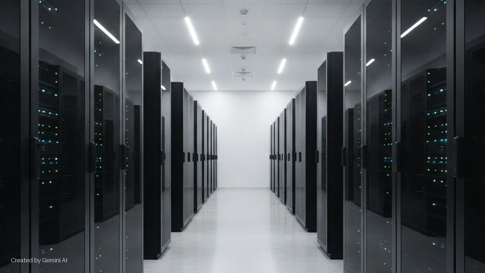 A brightly lit data center aisle features two parallel rows of black server racks with glass doors displaying blinking green and blue indicator lights, illuminated by overhead LED light fixtures.
