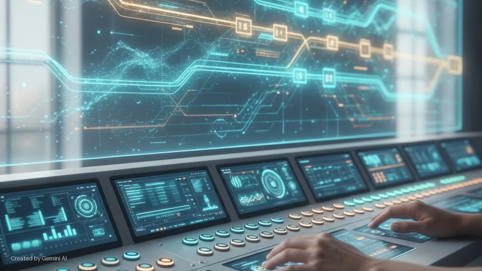 A person's hands operate a glowing control panel with multiple screens and buttons, positioned in front of a large holographic display showing abstract data visualizations in a high-tech control room.